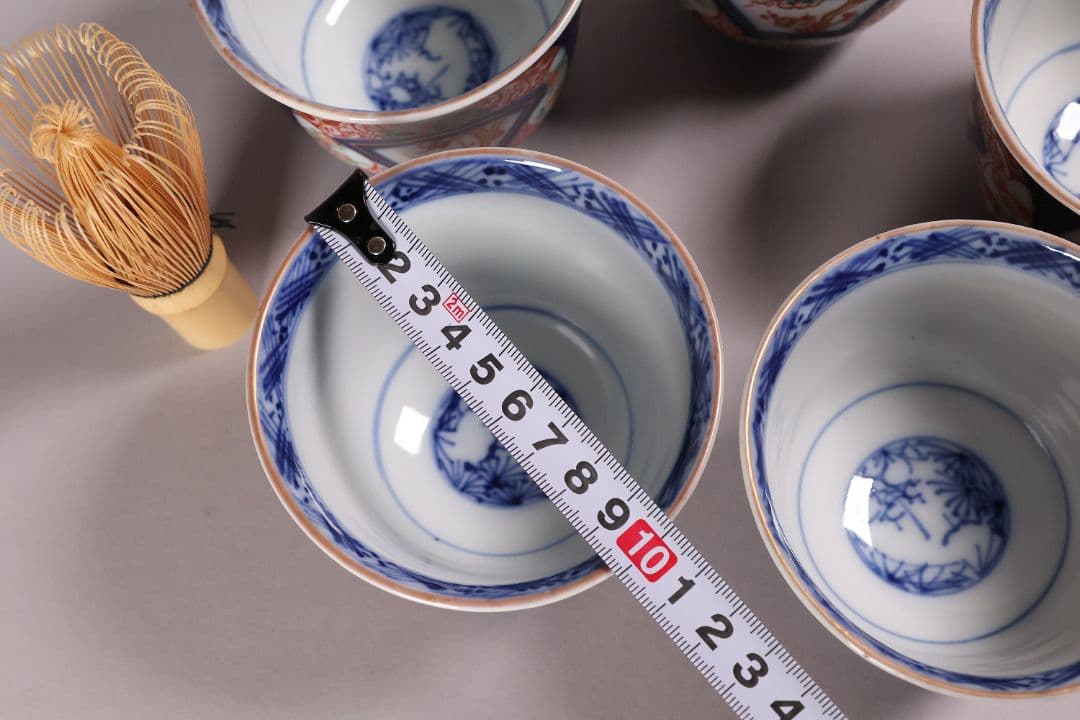 CM125】古伊万里 扇面 色絵向付 五客 猪口 小鉢 扇面 草花 唐草 錦