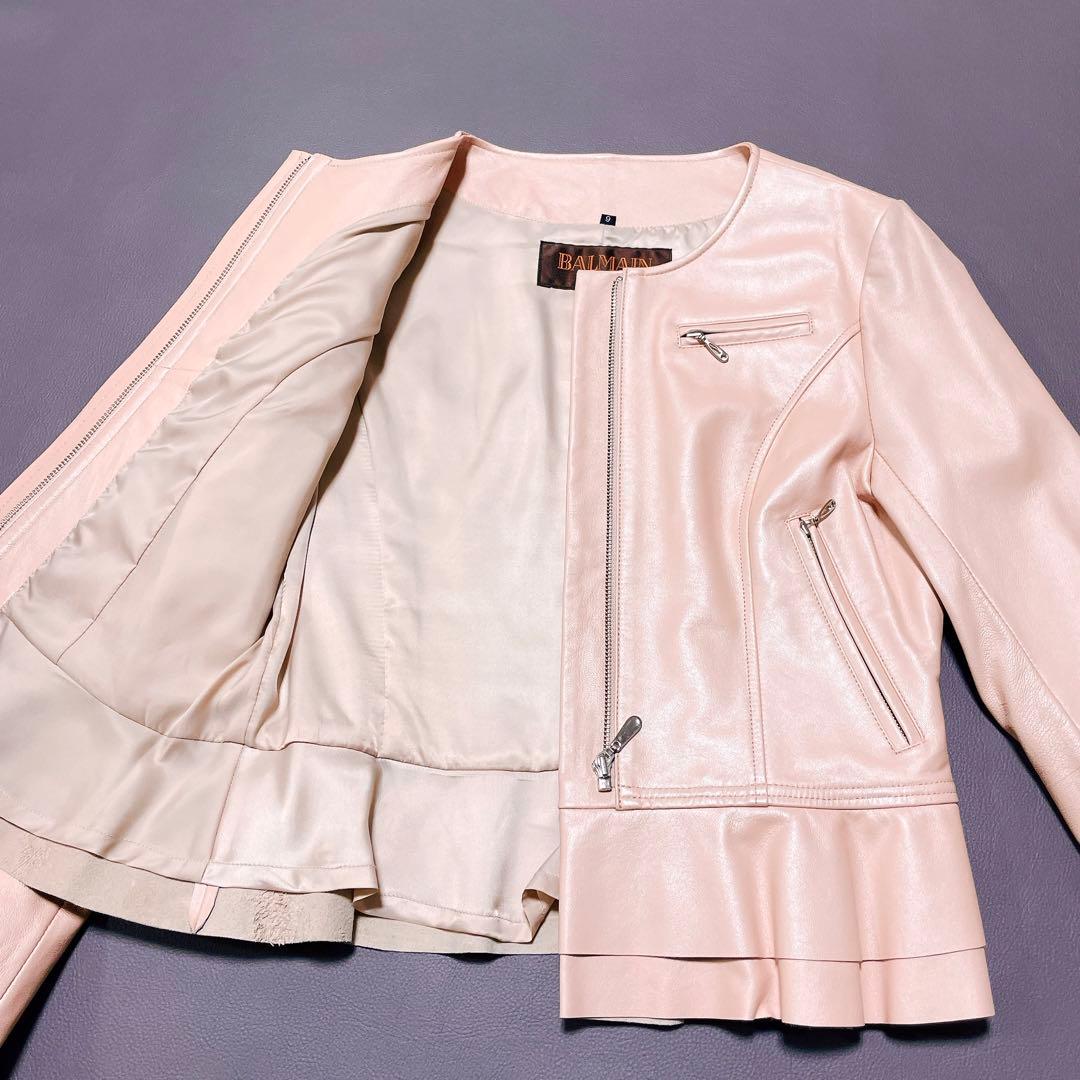 ☆美品☆バルマン レザージャケット ノーカラー ペプラム 羊革 9号(578