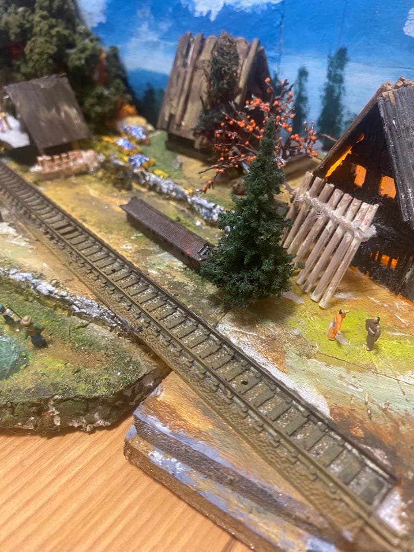 ジオラマ　田舎の祭り　電車付き 鉄道模型Nゲージミニジオラマ 昭和の田舎の夏休み LED夜景作品