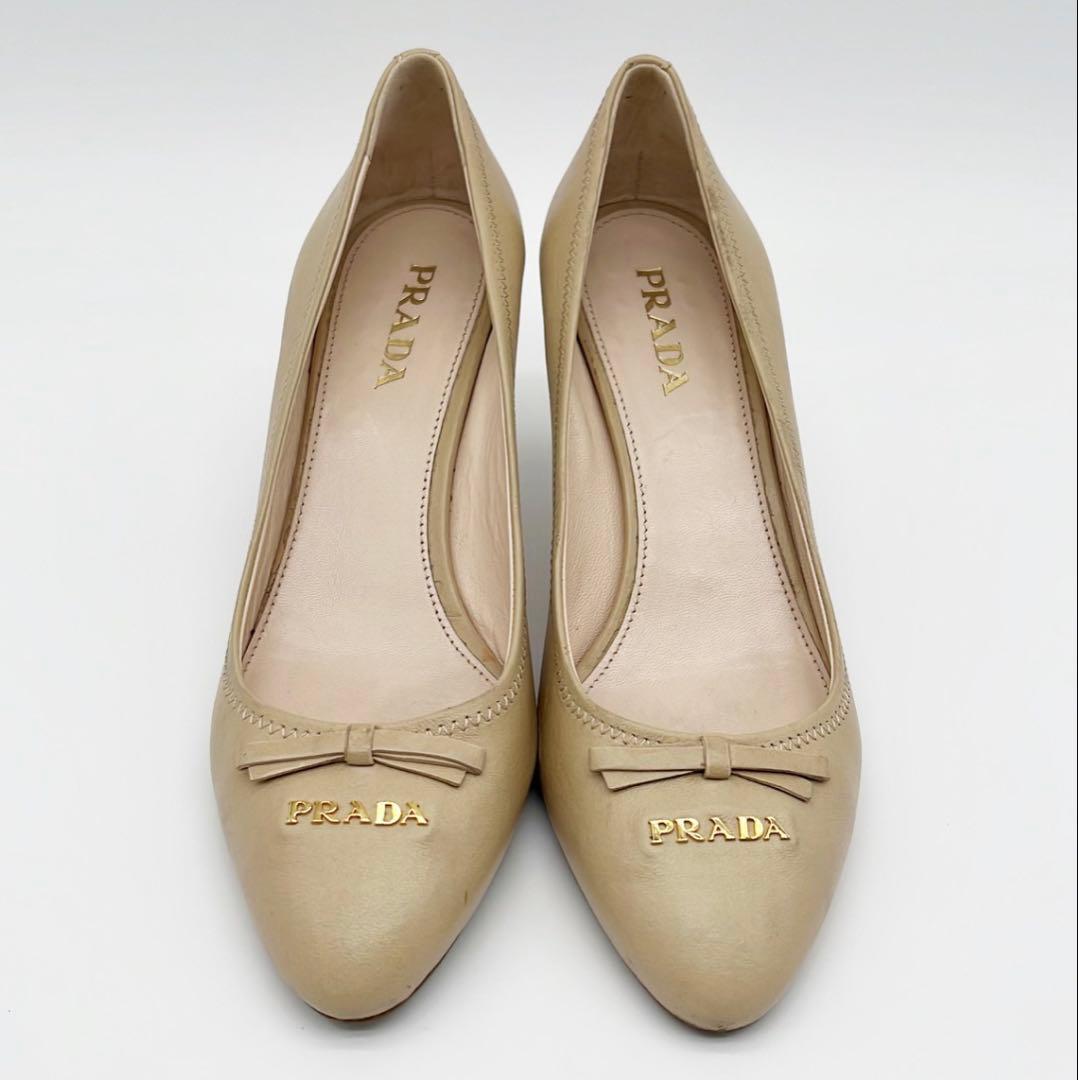 PRADA パンプス ベージュ レザー リボン ロゴ フラットシューズ 上品