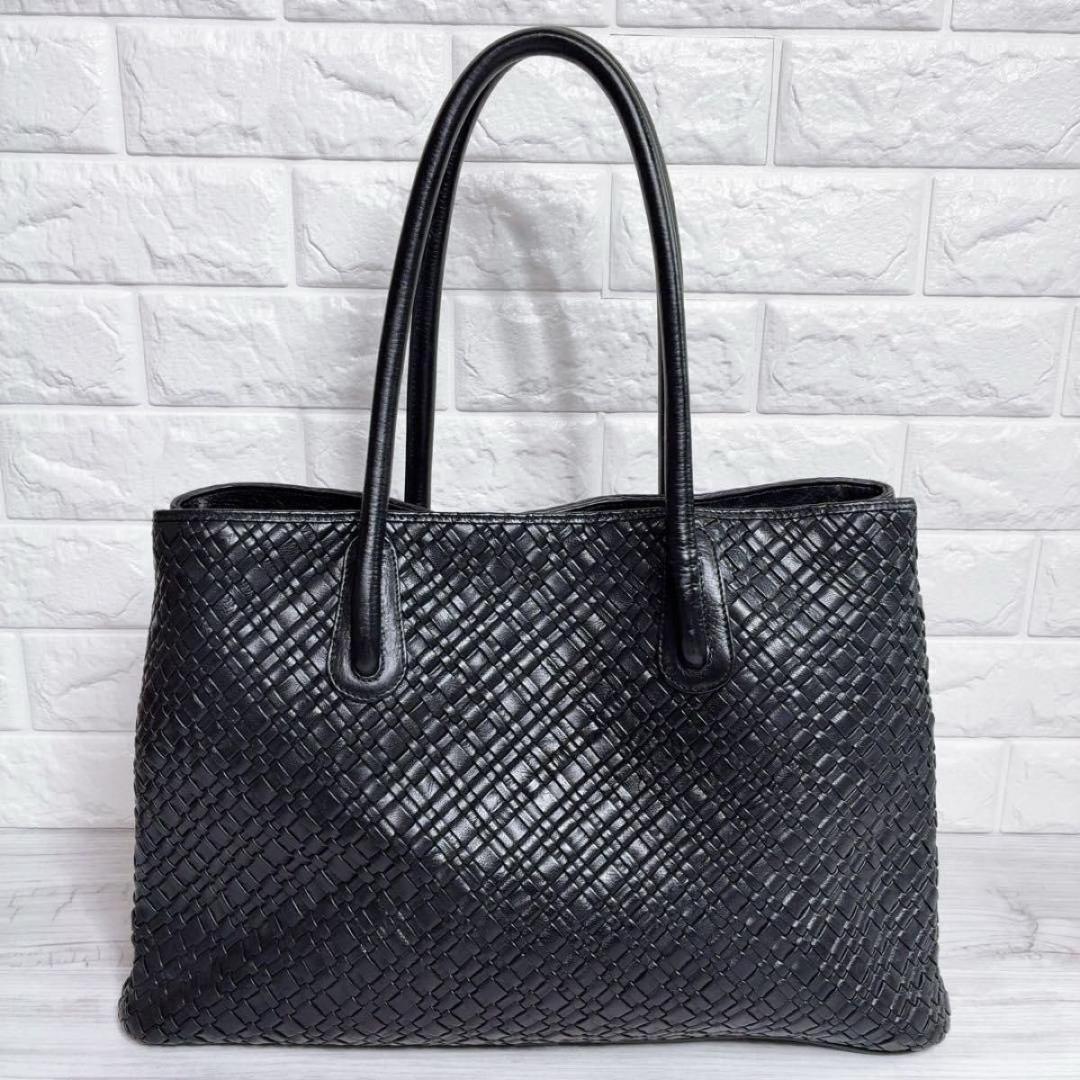 ピー・アイ・ディー】 トートバッグ レザー 黒 通勤 イントレチャート 黒