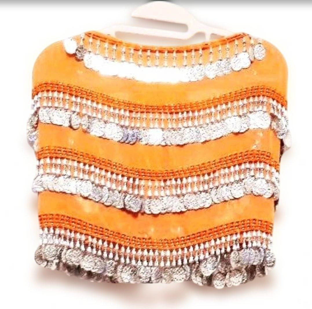 エジプト製 ベリーダンス用 ショール オレンジ シルバー装飾 ヒップスカーフ シルバーコイン ヒップベルト ヒップアクセサリー
