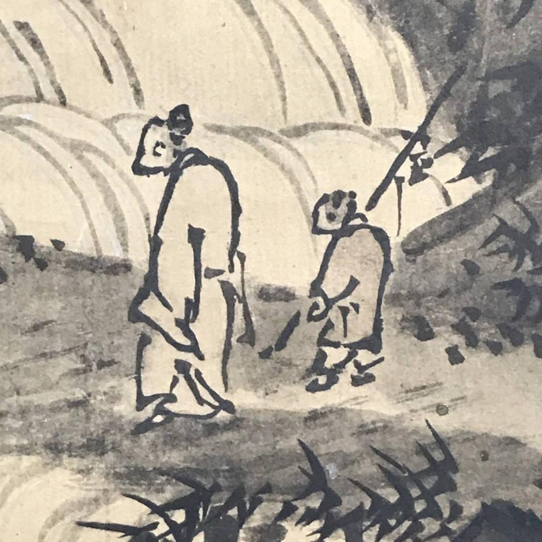 模写】雪村/秋冬楼閣山水図/山水図/人物図/双幅/掛軸/名家伝来/AC-533