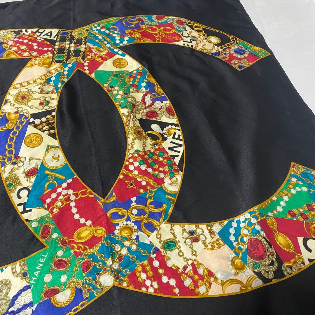 美品 CHANEL シャネル 大判 スカーフ ココマーク ジュエリー チェーン