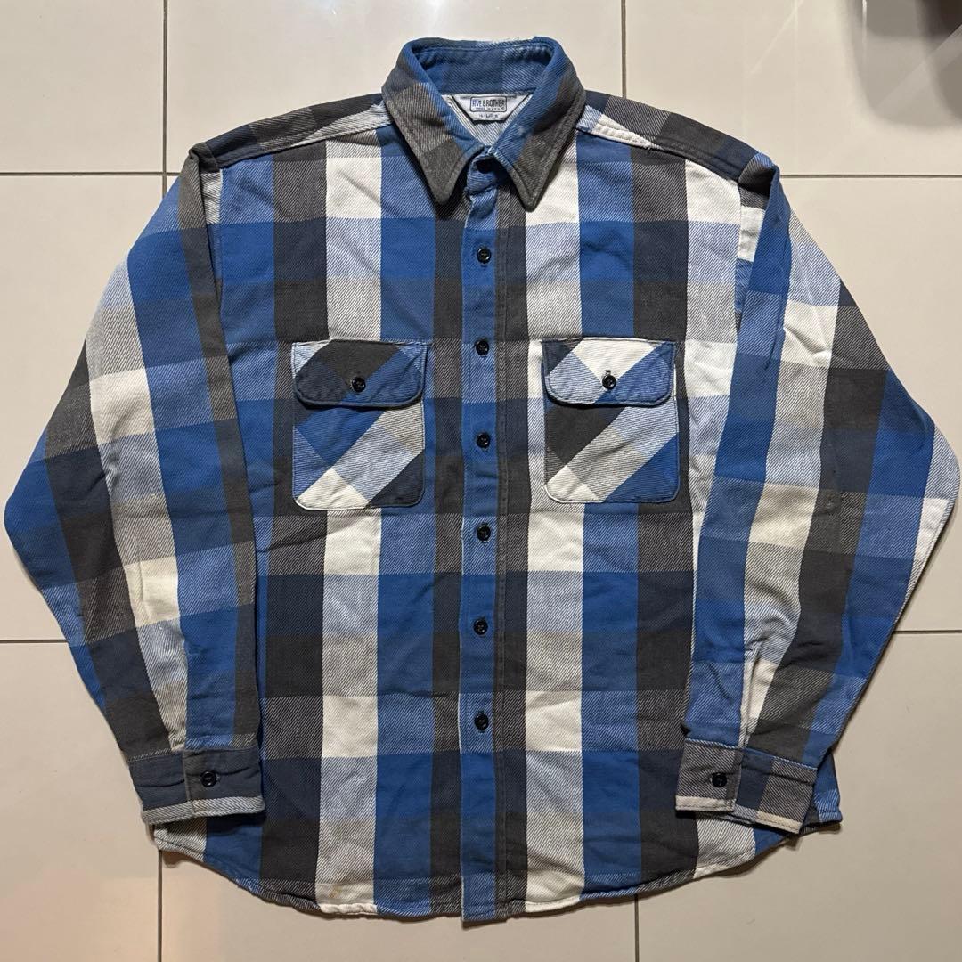 雰囲気◎ 70's〜80's FIVE BROTHER フランネル 青黒白 70's FIVEBROTHER 白×黒×青ブロックチェック フランネルシャツ 表記(L