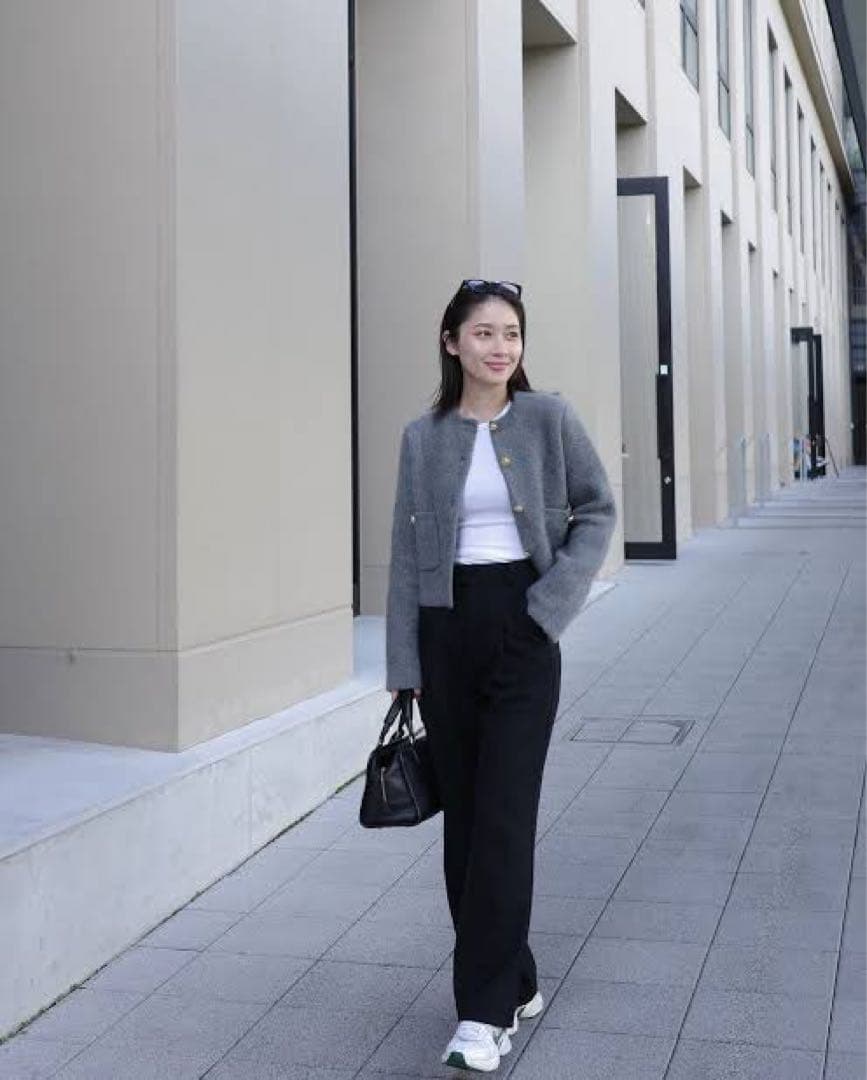 2602022 anuans ラクーンブレンドノーカラーニットジャケット グレー