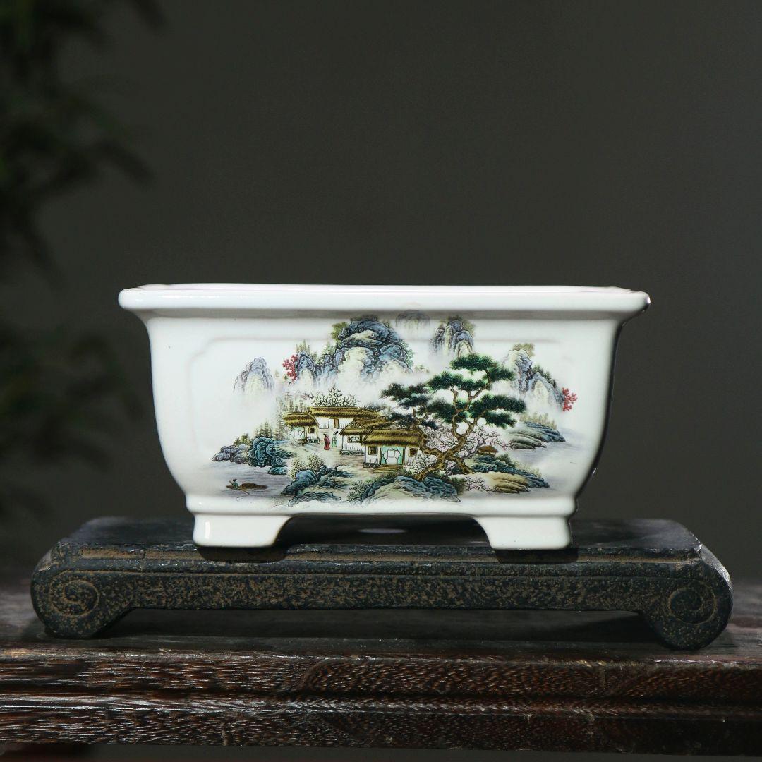 中国風山水図盆栽 陶磁盆 紫砂鉢 大盆栽 小盆栽 紫泥外縁隅入長方鉢 | 盆栽、盆栽書籍、盆栽鉢の通販│近代出版