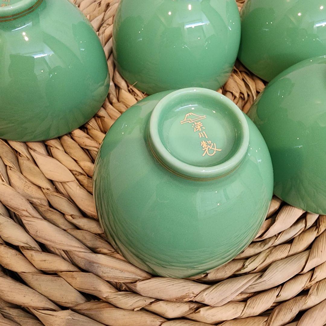 有田焼 深川製磁 湯呑茶碗 蓋付き湯呑み 5客セット グリーン 緑 金彩