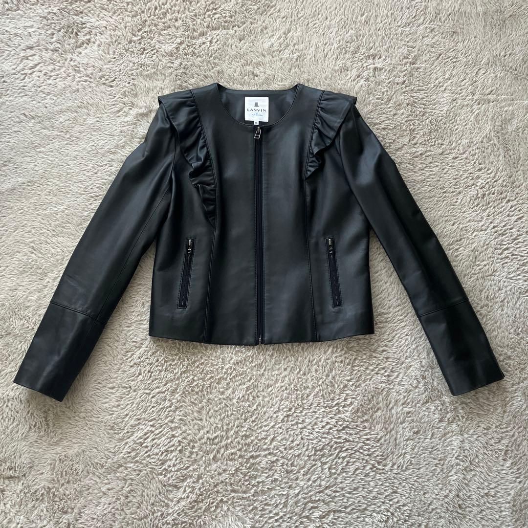LANVIN ランバンオンブルー フリル付きレザージャケット 38 LANVIN en Bleu(ランバン オン ブルー)｜ラムレザーショートジャケット