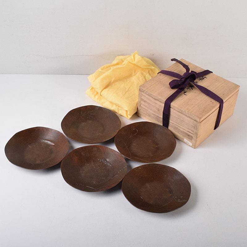 煎茶道具　蝋型鋳銅　正作　草文茶托　五客　共箱　M　R8526 純錫圓式茶托 5枚組 秦蔵六作 四君子霊芝 茶器