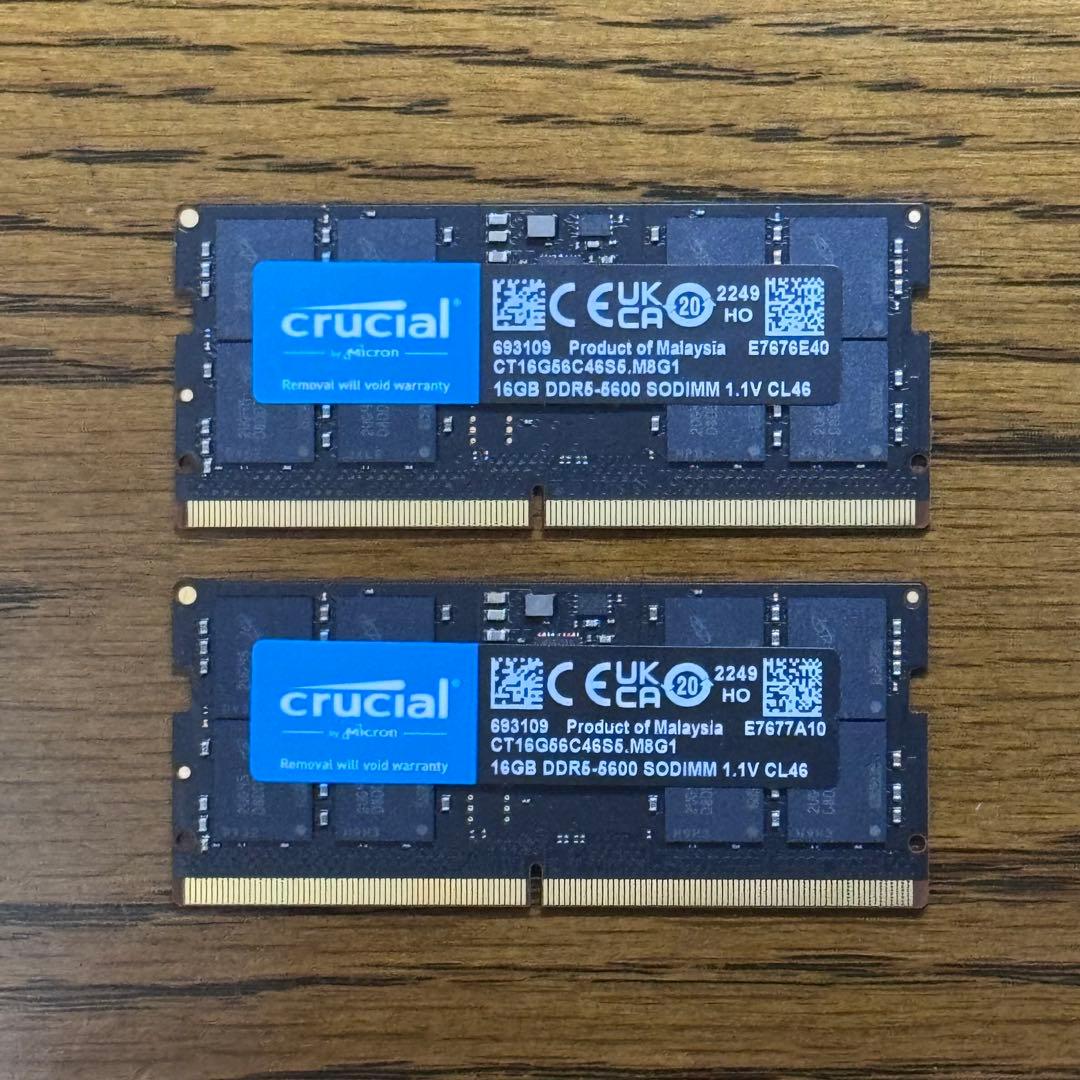 Crucial DDR5-5600 SODIMM 32GB (16GB x2枚) Crucial 32GB Kit (16GBx2) DDR5-5600 SODIMM | CT2K16G56C46S5