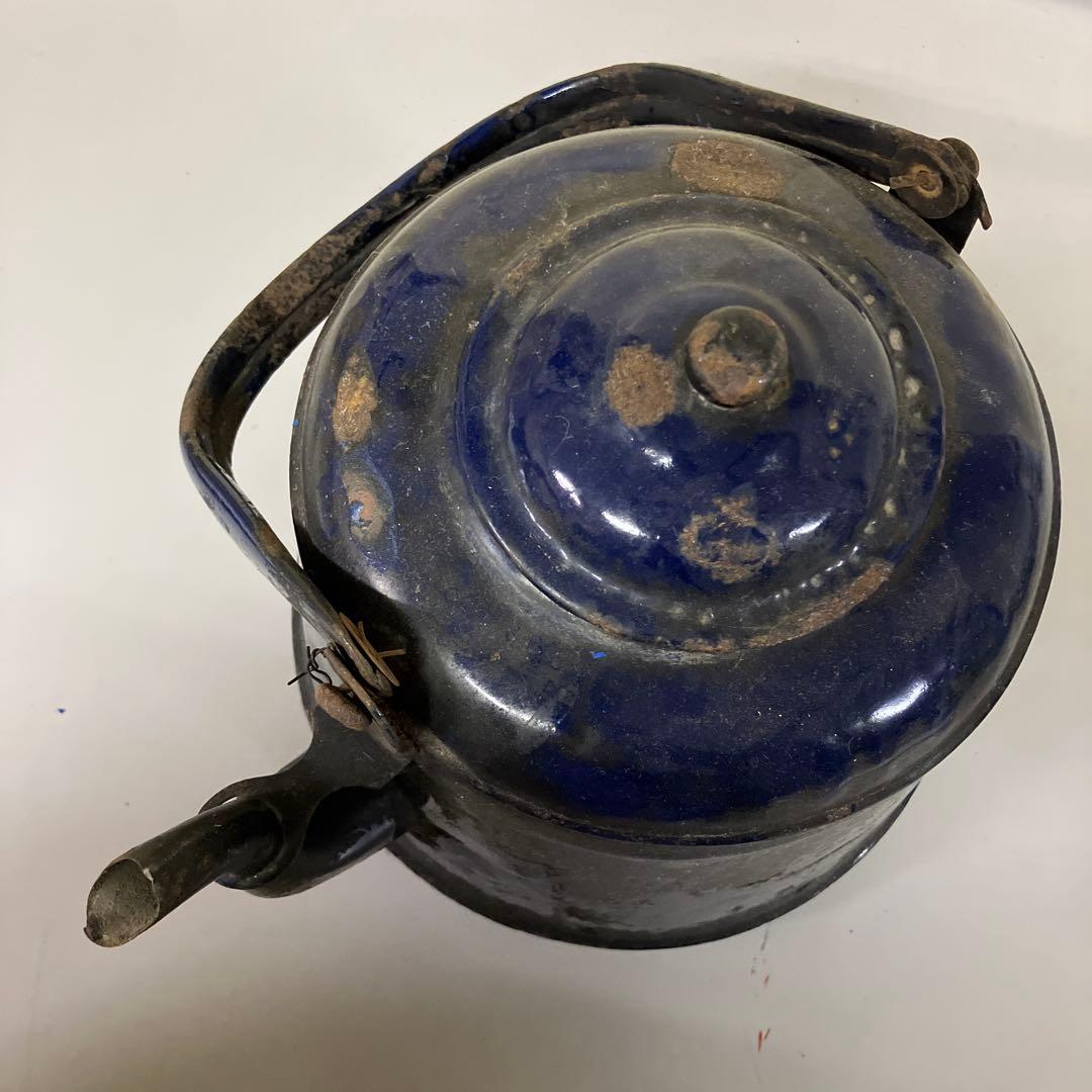 A-5 昭和レトロ 琺瑯（ホーロー）やかん ケトル 深い青色 骨董 古道具