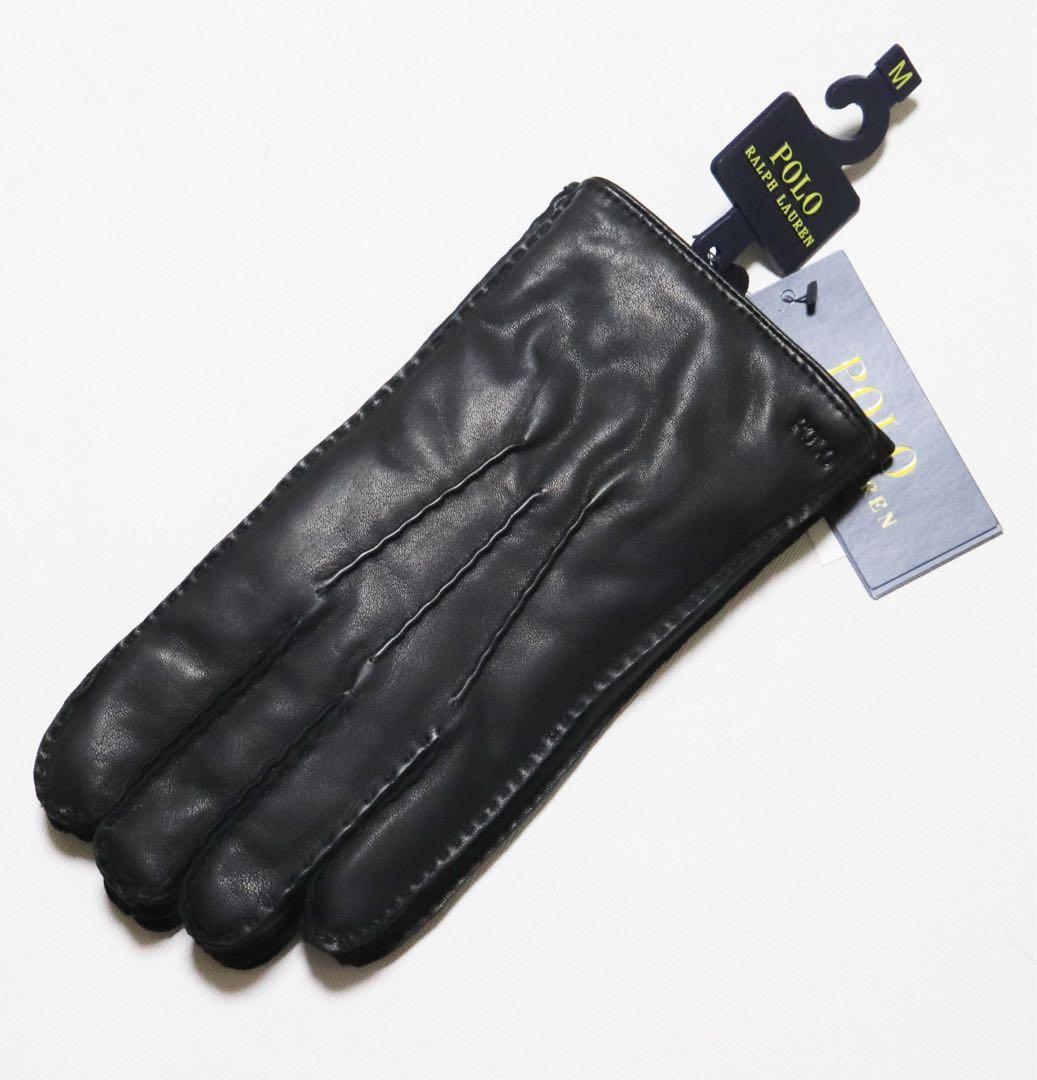 《ポロ ラルフローレン》未使用 3本線 裏地カシミヤ100% レザー手袋 M
