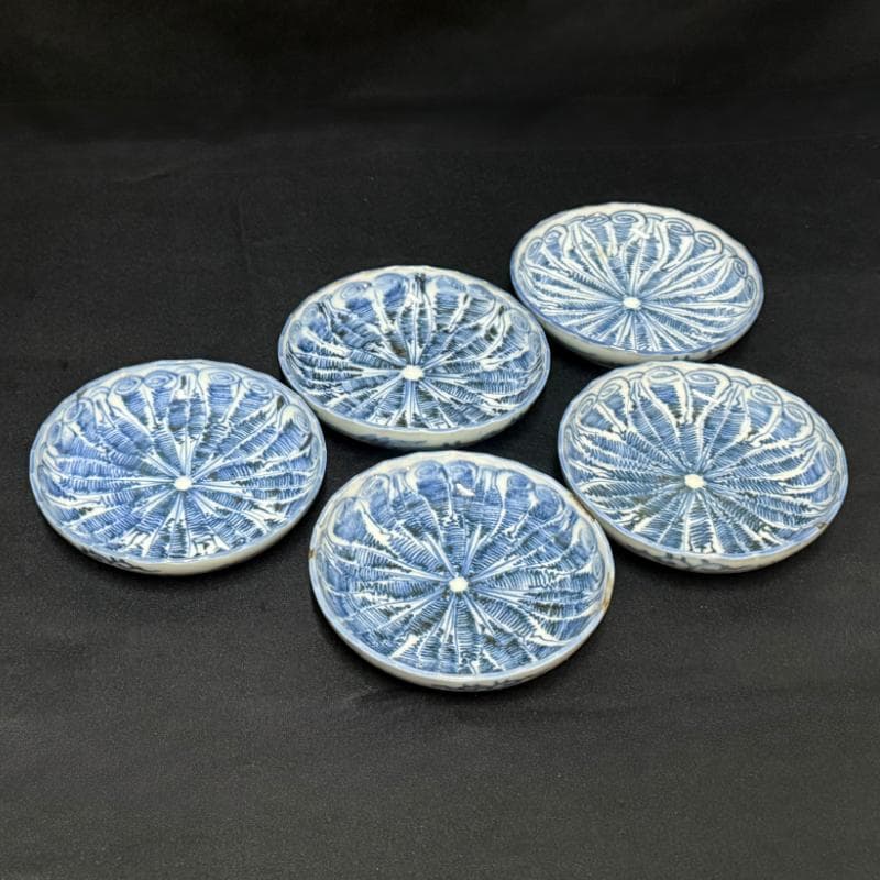 古伊万里 染付 花連文 手塩皿 ② 5枚組 無傷 完品 江戸期 小皿 豆皿