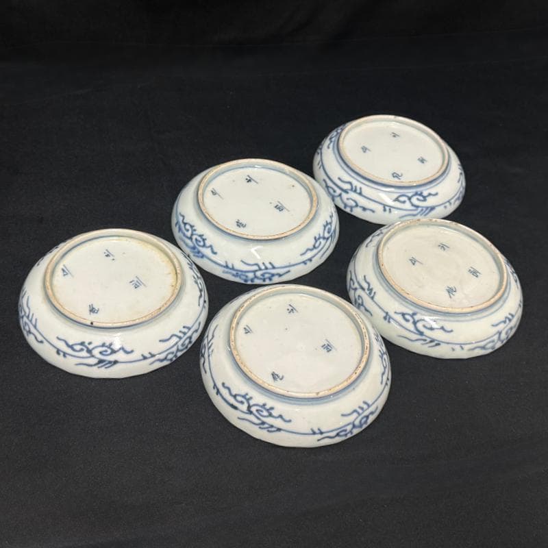 古伊万里 染付 花連文 手塩皿 ② 5枚組 無傷 完品 江戸期 小皿 豆皿