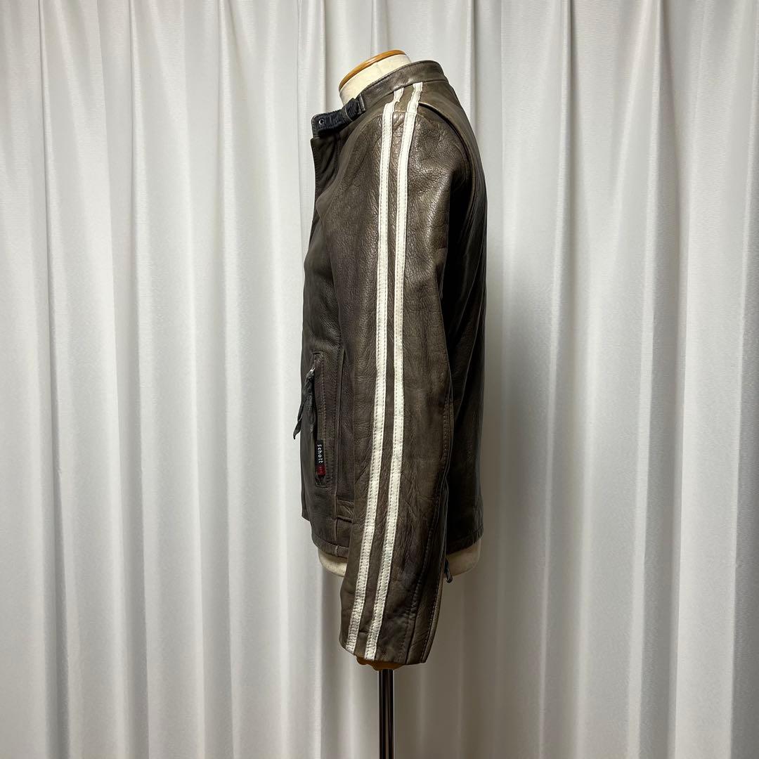 Schottクラッシックレーサー シングルライダース カーキ 袖白2本線 牛革S