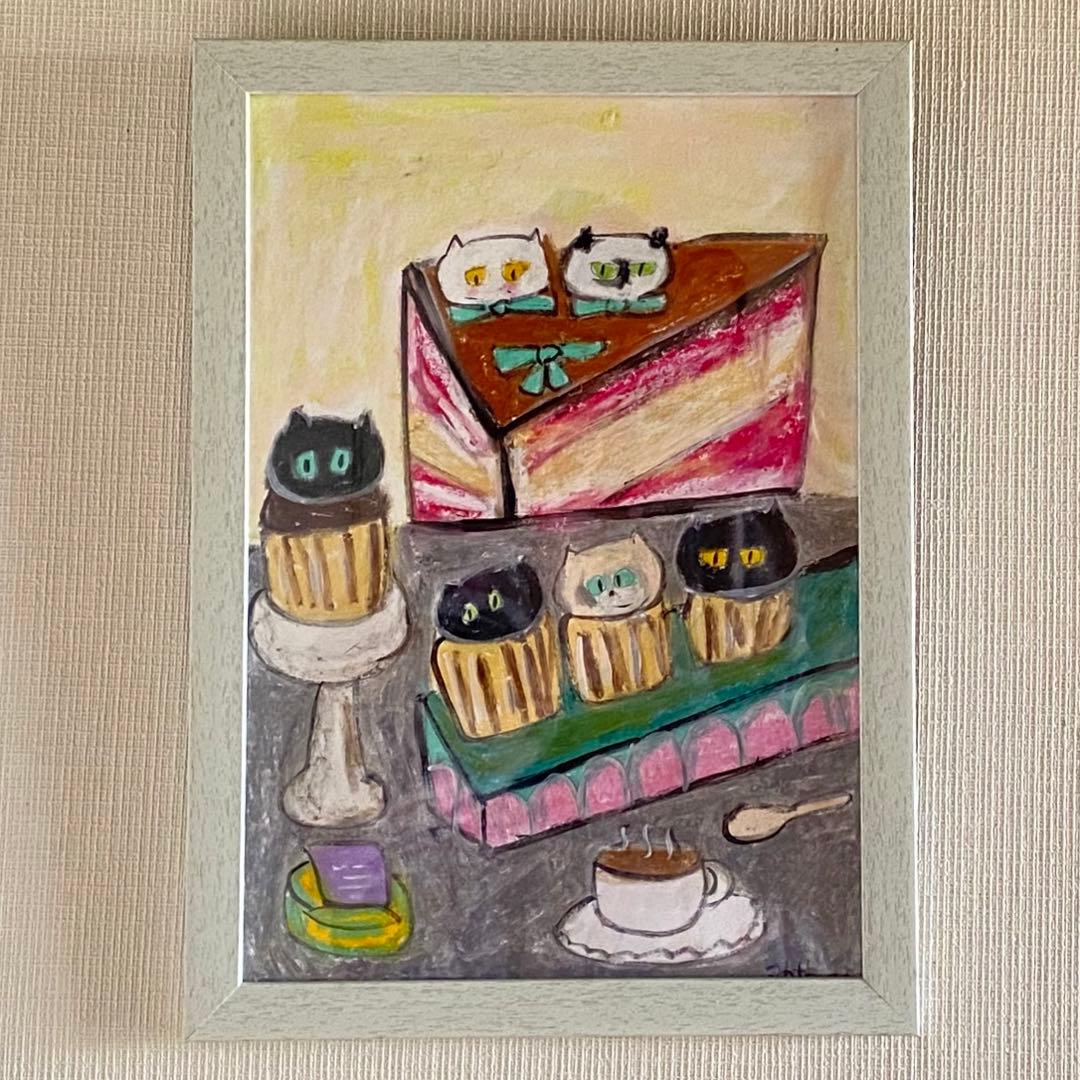 絵画。壁掛け原画【Cute cat cake】0 1