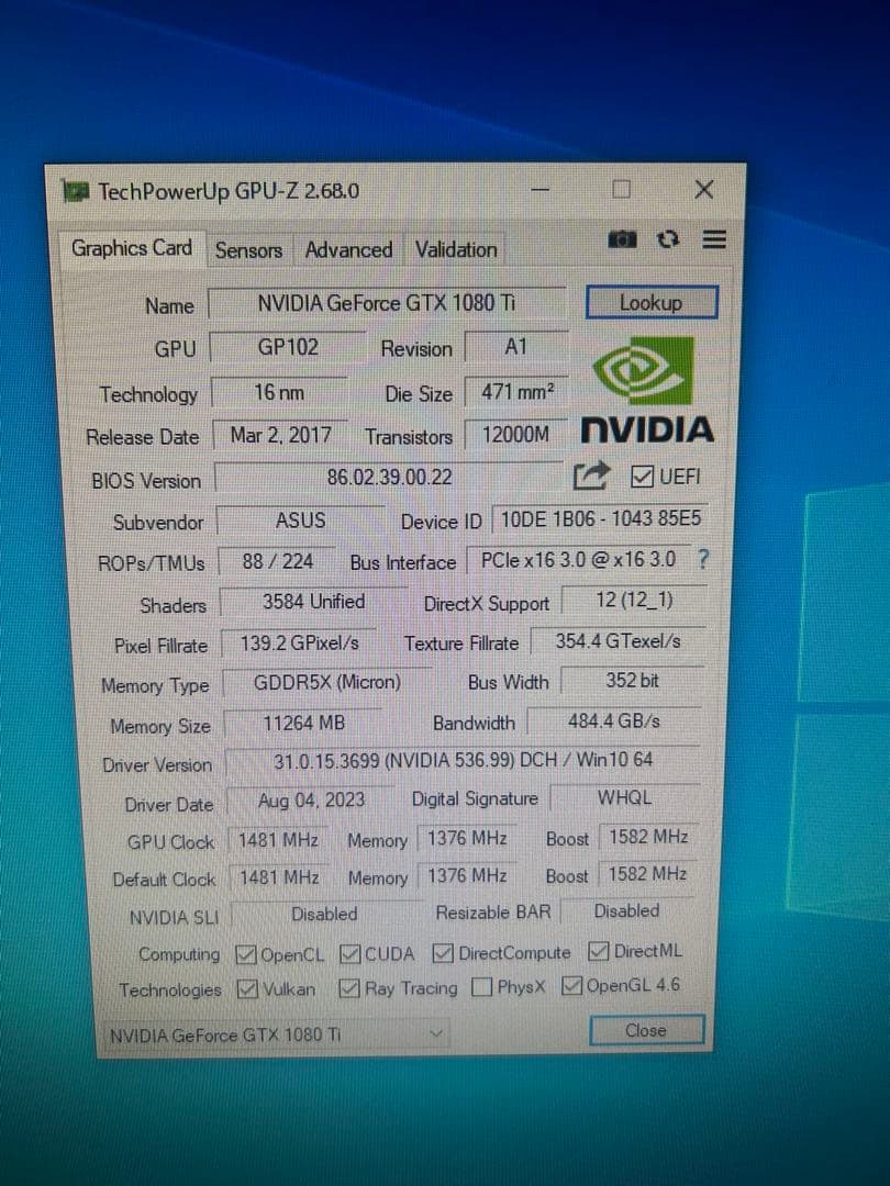 ASUS GTX1080ti 11GB グラフィックボード 自作PC 動作確認済 - メルカリ
