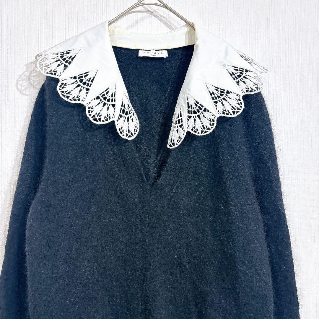 sandro サンドロ アルパカ シャギー ニット レースカラー ブラック