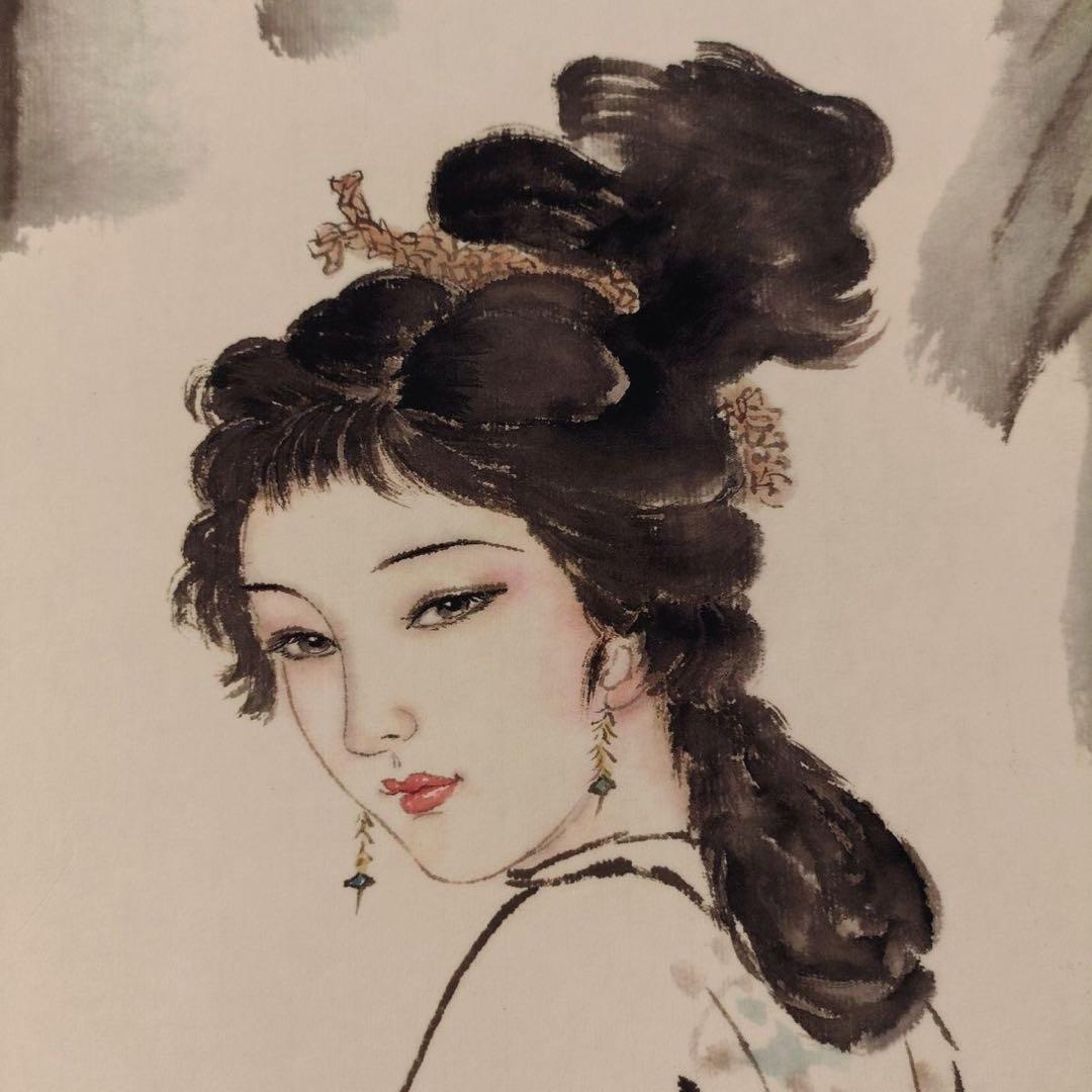 白伯骅《执扇仕女》　三尺中堂　掛軸　中国人物画　美人画　壁掛け装飾