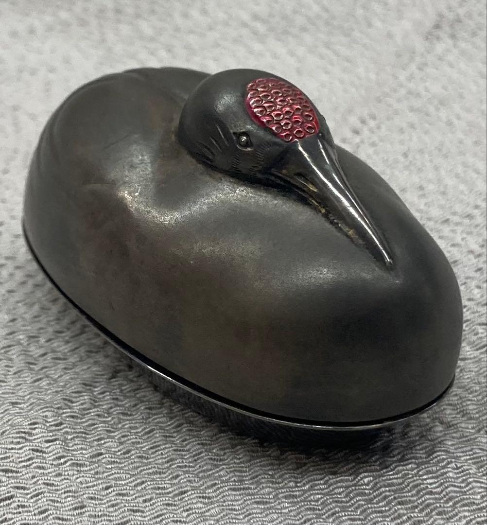 B491s 岡野利光造 鶴亀香合 純銀製 京都 共箱 茶道具 香道具 金工師