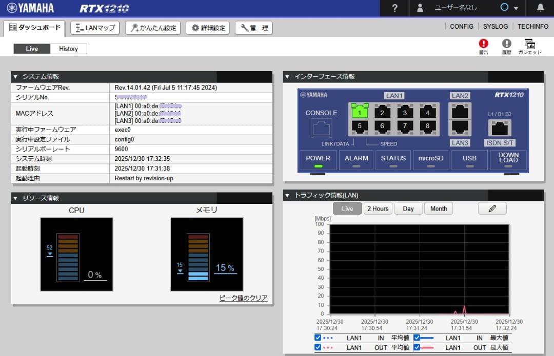 YAMAHA RTX1210 (Rev.14.01.42) 初期化済