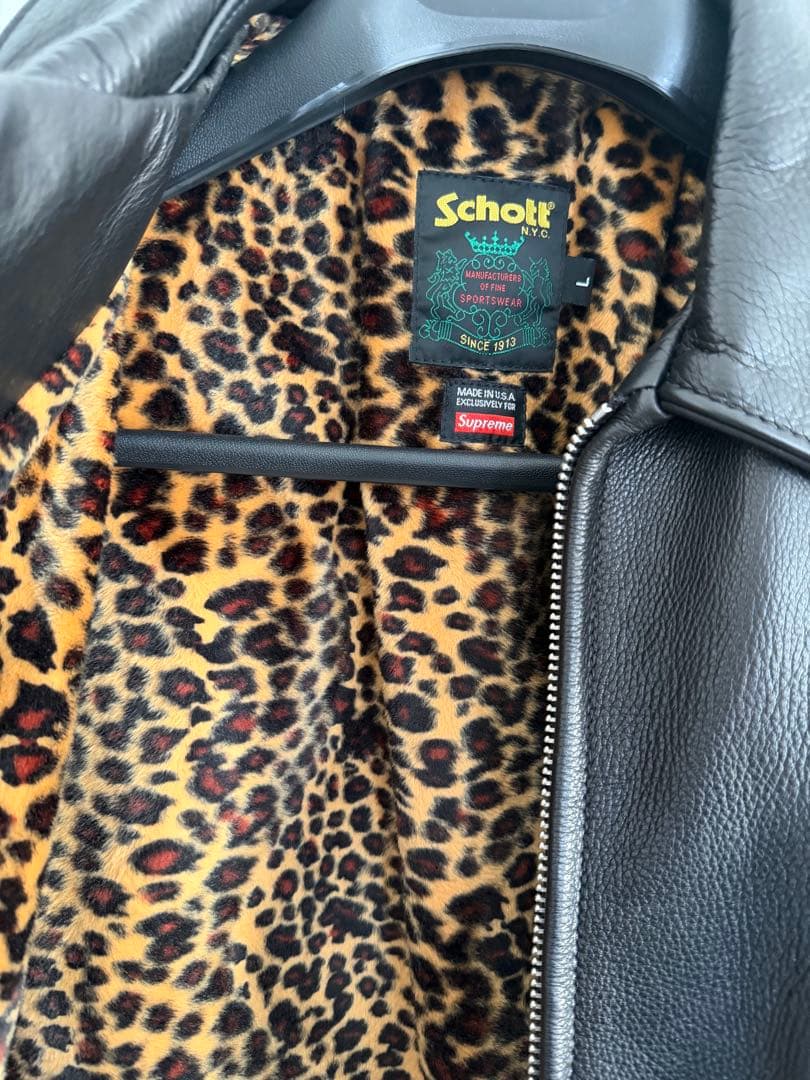 supreme Schott 黒 レザージャケット ヒョウ柄裏地 - メルカリ