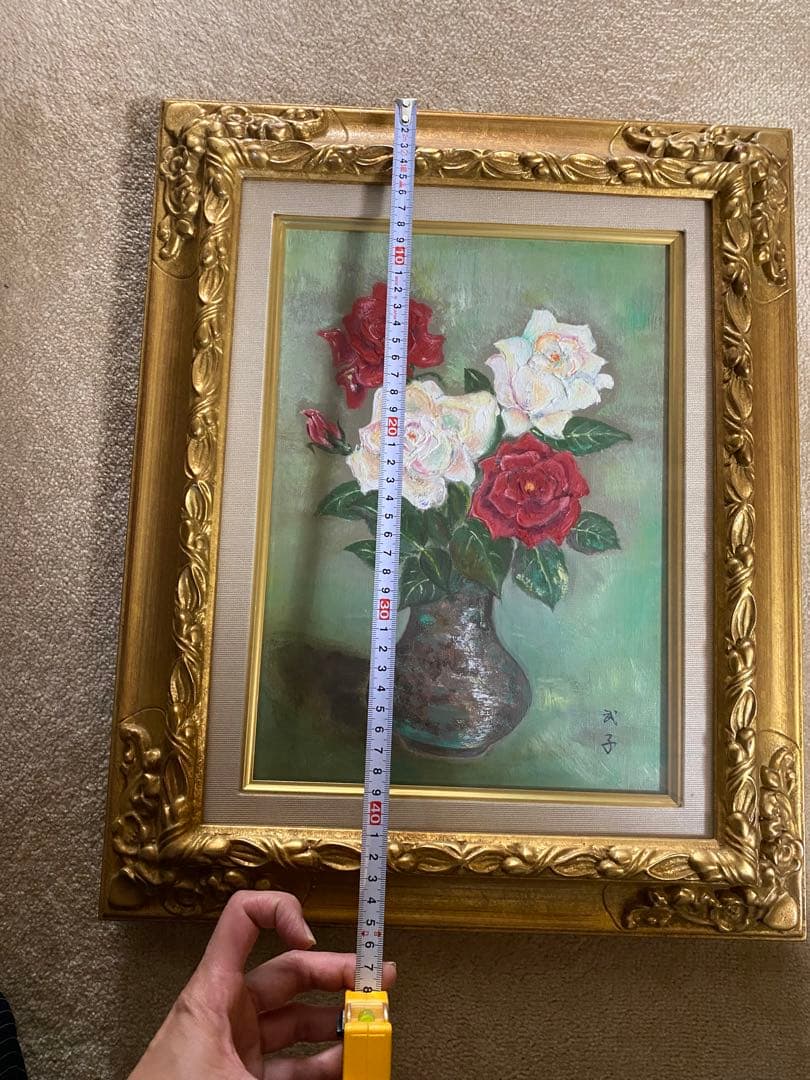 油彩画 バラの花束 金色フレーム 約42cm x 32cm