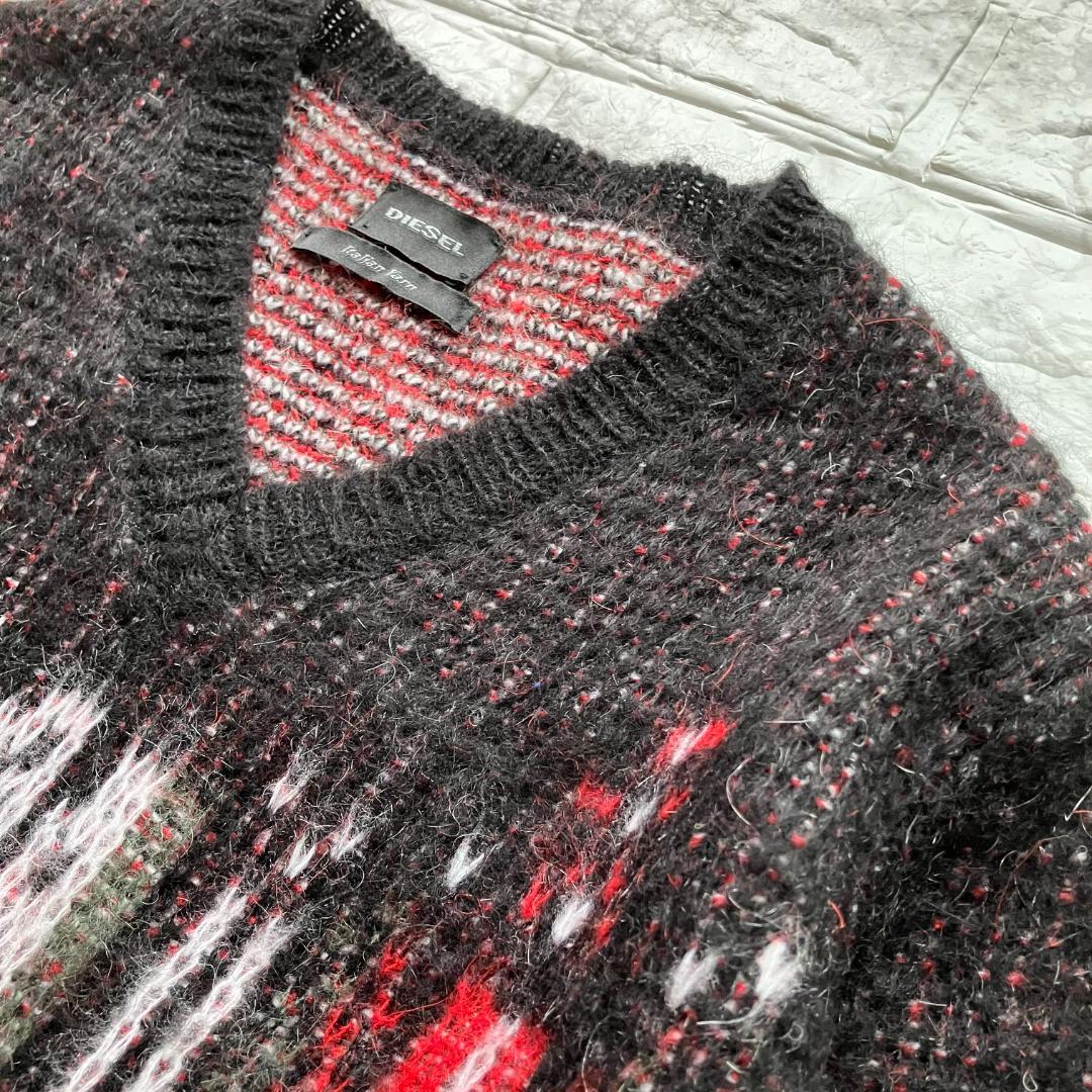 美品 DIESEL ディーゼル モヘヤ ニット セーター 赤 黒 チェック 総柄