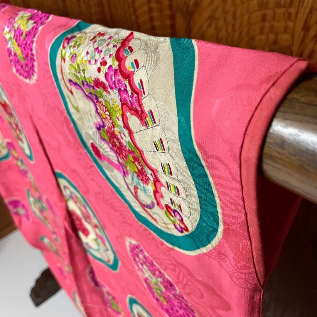 アンティーク 子供着物 丸に 糸巻 扇 鼓 花文様 正絹 七五三 v317