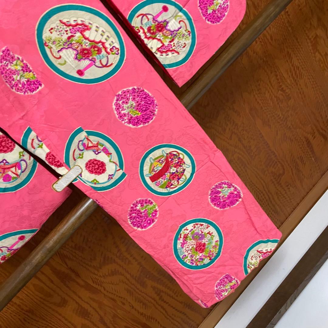 アンティーク 子供着物 丸に 糸巻 扇 鼓 花文様 正絹 七五三 v317