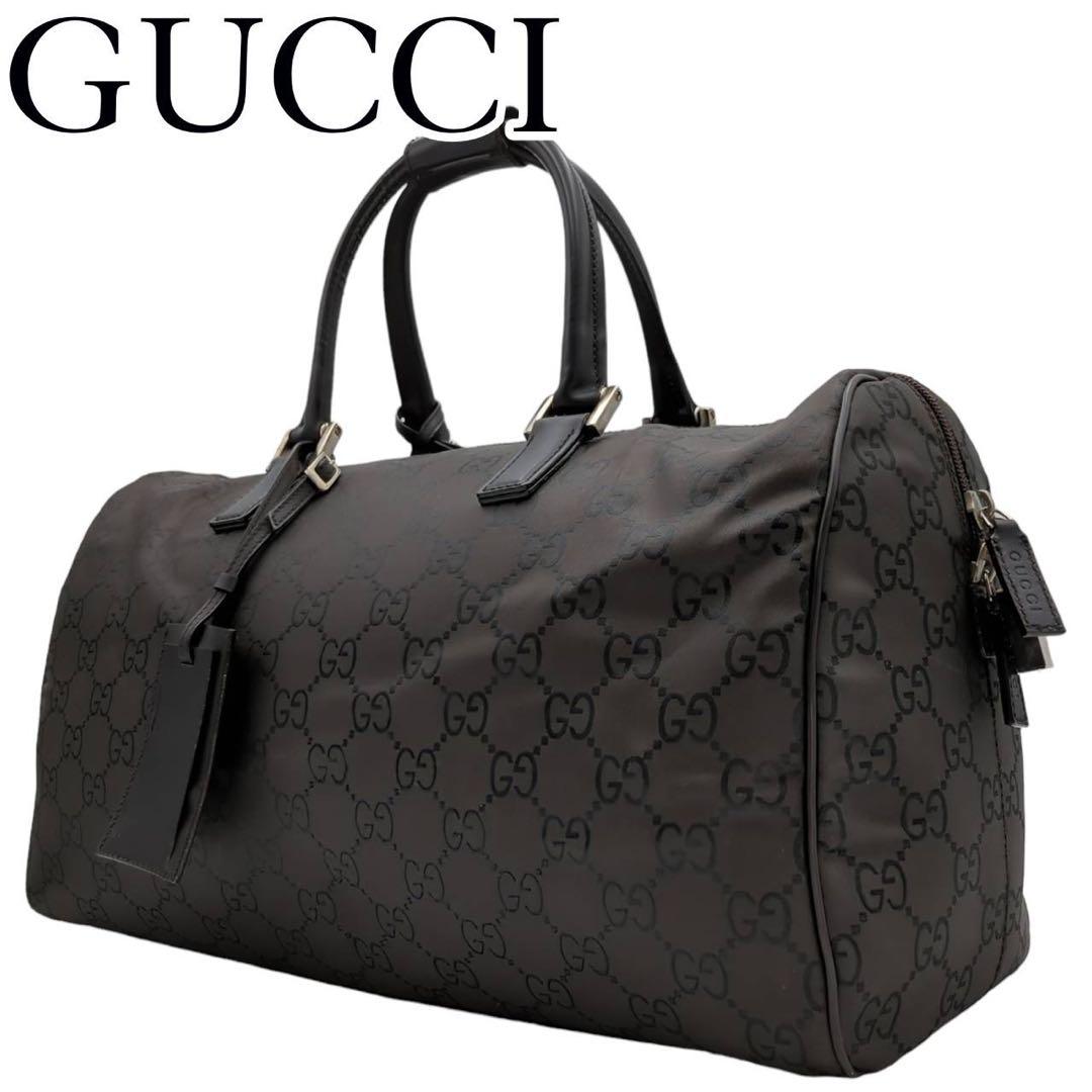 美品 GUCCI グッチ GG柄 ナイロン ボストンバッグ ブラウン レザー 茶