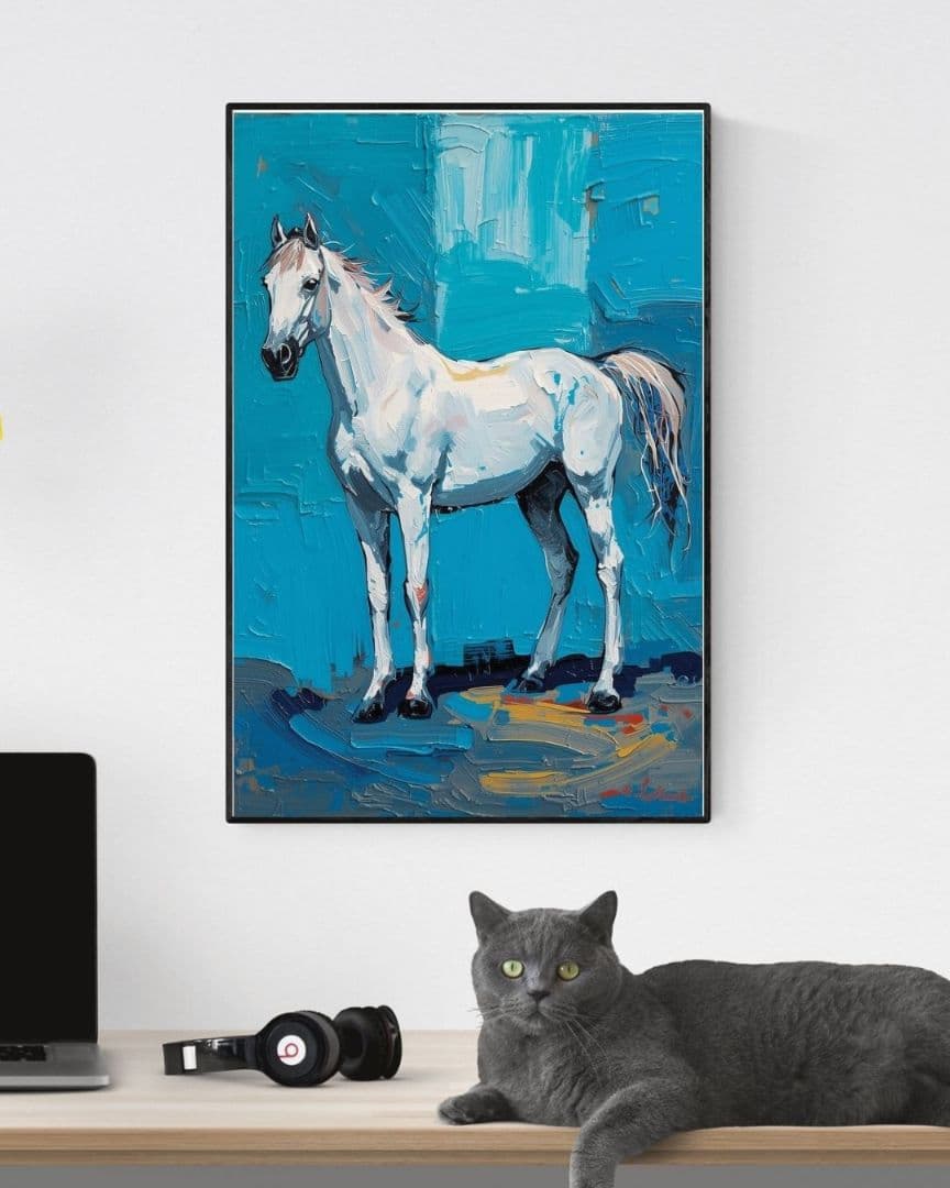 193 白馬 アートポスター 油絵風 青 幻想的 馬 おしゃれ インテリア