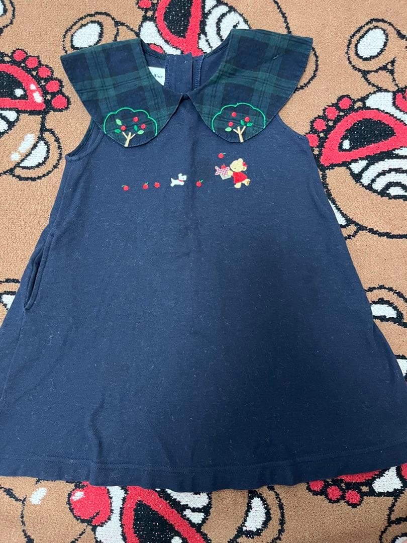 702. ファミリア ネイビー チェック襟 ワンピース 90cm