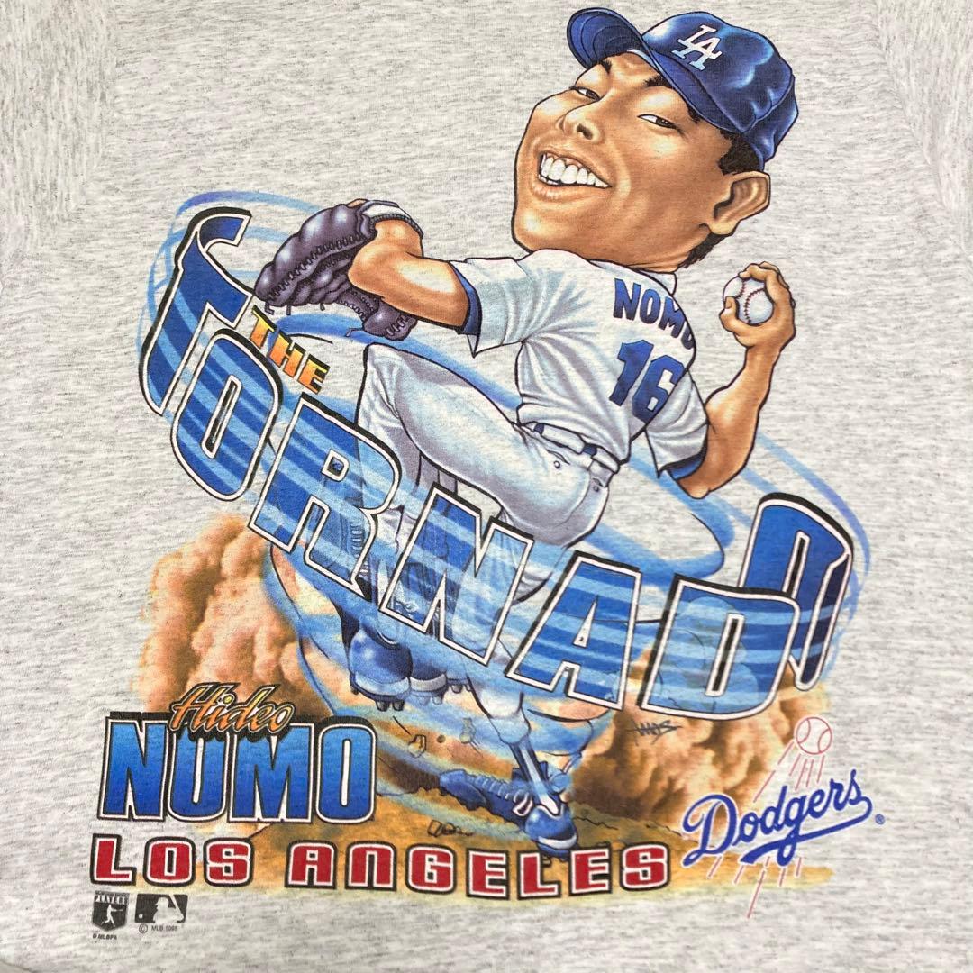 90s USA製 ロサンゼルス ドジャース 野茂英雄 イラストTシャツ M