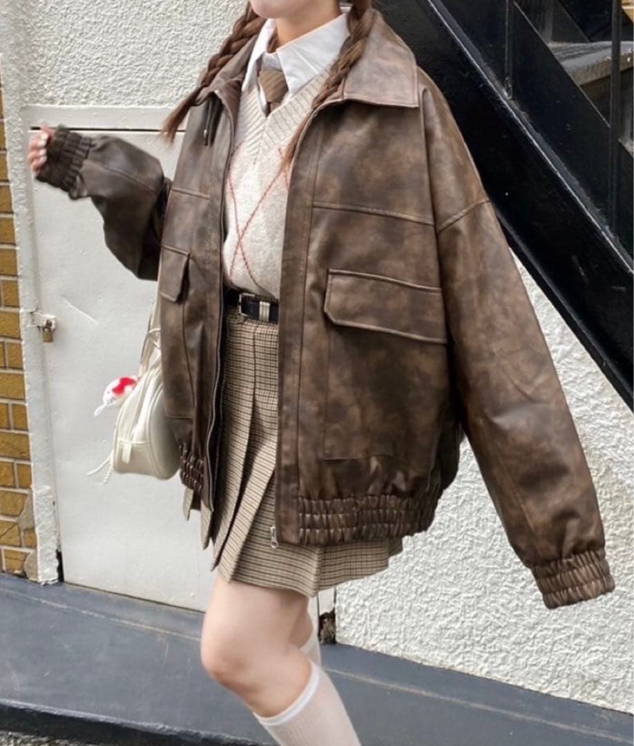 フェイクレザーダブルジップスタンドブルゾン nemne store ブラウン