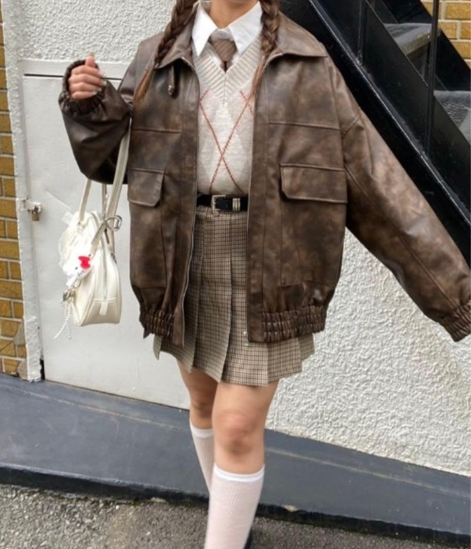 フェイクレザーダブルジップスタンドブルゾン nemne store ブラウン