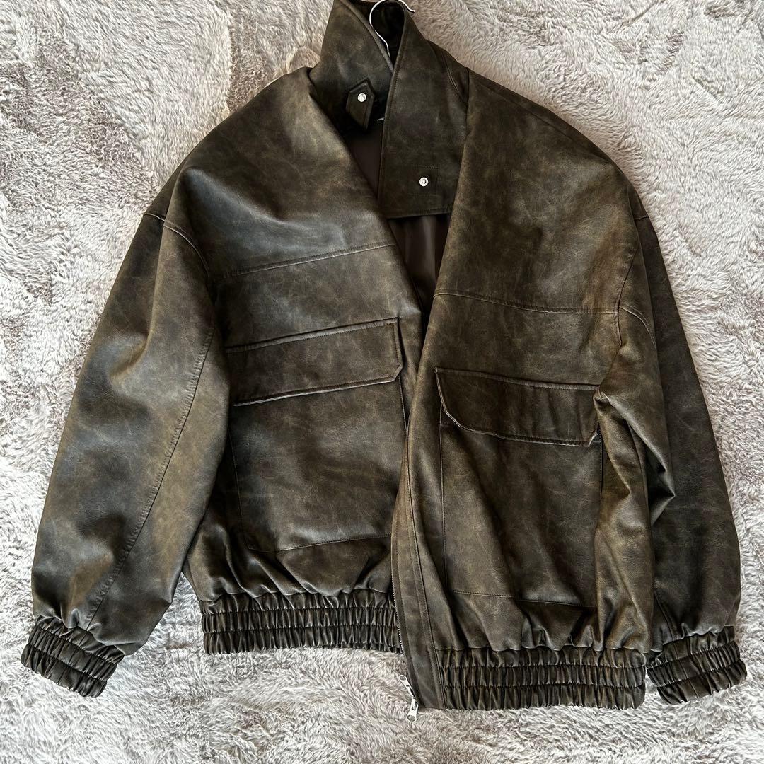 フェイクレザーダブルジップスタンドブルゾン nemne store ブラウン