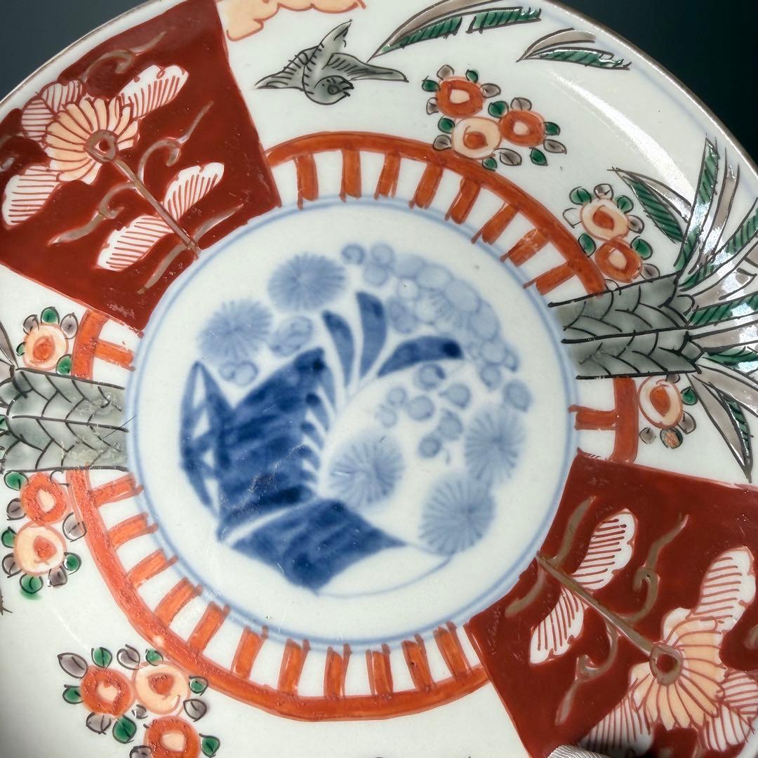 古伊万里 赤絵花鳥図五寸皿 五客 裏巻物文 直径15.5cm 古器を楽しむ