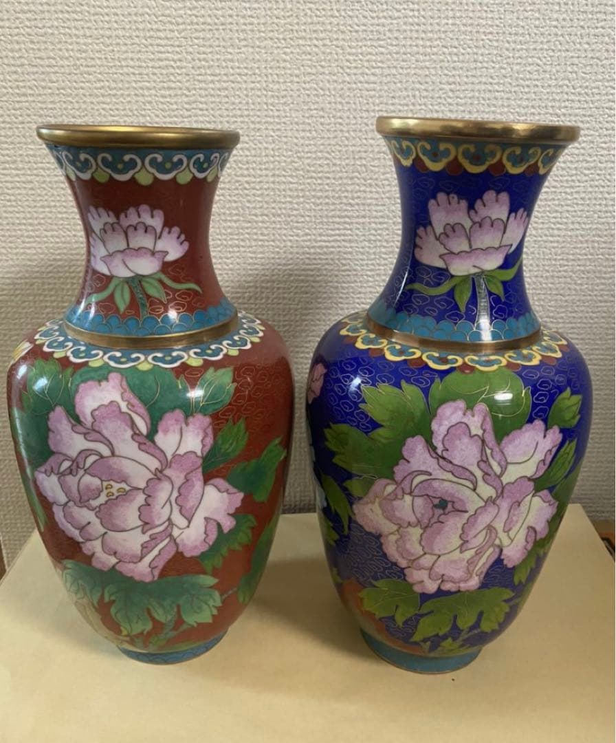 中国美術 景泰藍 七宝焼 珐琅彩絵花瓶一対 古玩 年代不明 唐物