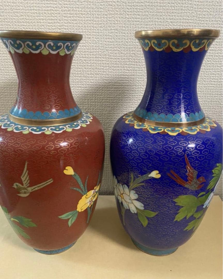 中国美術 景泰藍 七宝焼 珐琅彩絵花瓶一対 古玩 年代不明 唐物