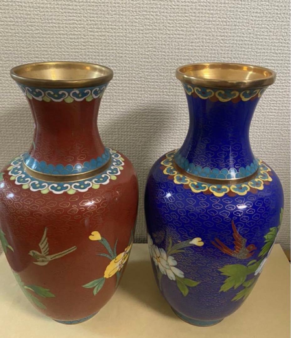 中国美術 景泰藍 七宝焼 珐琅彩絵花瓶一対 古玩 年代不明 唐物