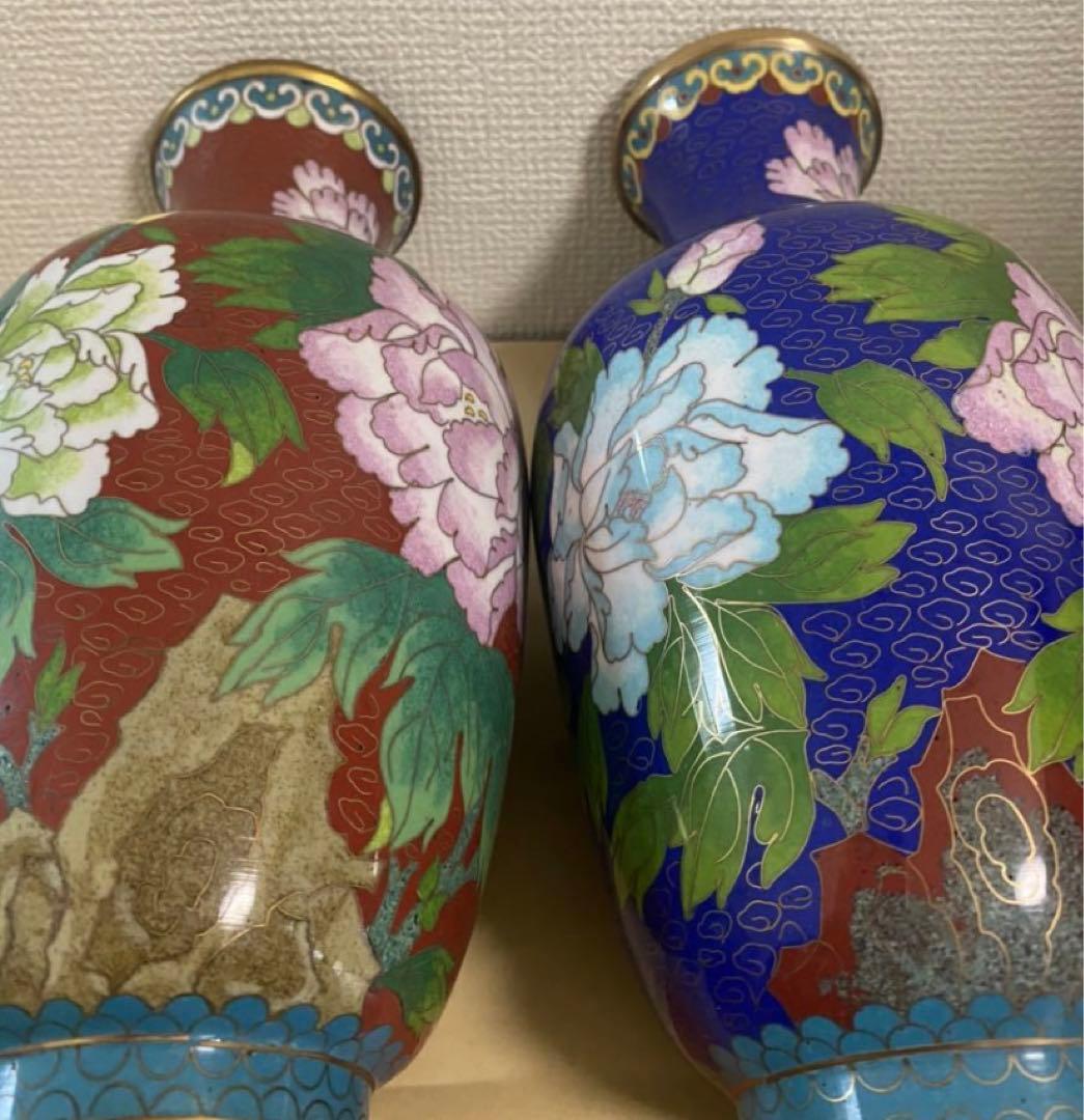 中国美術 景泰藍 七宝焼 珐琅彩絵花瓶一対 古玩 年代不明 唐物