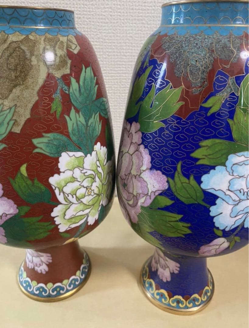 中国美術 景泰藍 七宝焼 珐琅彩絵花瓶一対 古玩 年代不明 唐物