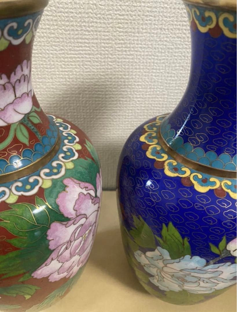 中国美術 景泰藍 七宝焼 珐琅彩絵花瓶一対 古玩 年代不明 唐物