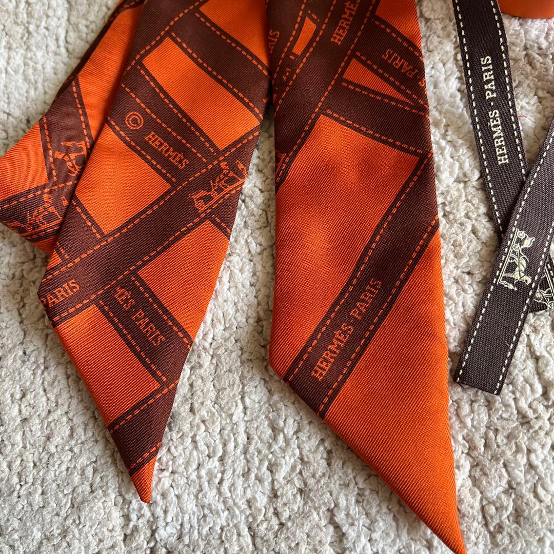 エルメス ツイリー オレンジ ブラウン ボルデュック リボン柄