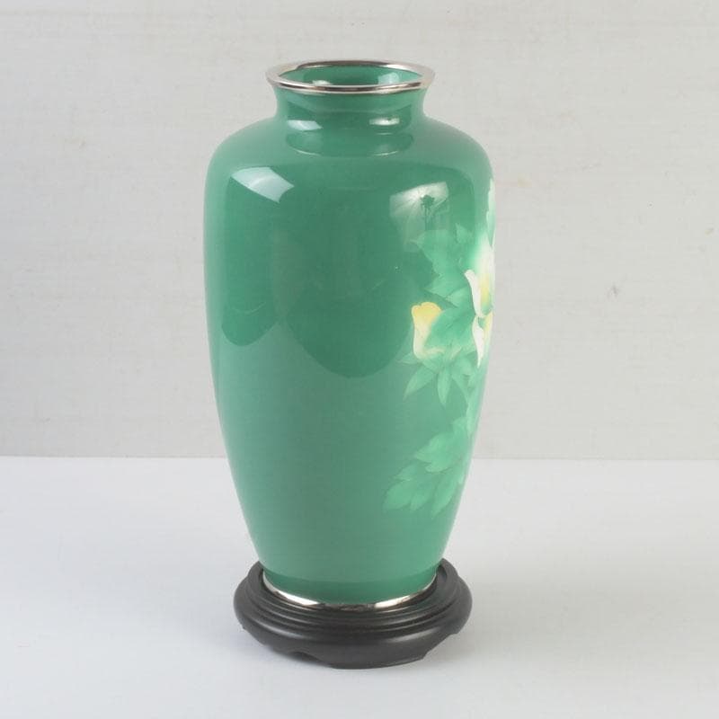 七宝焼　安井幸晴作　牡丹文　花瓶　唐木台付　共箱　V　9556