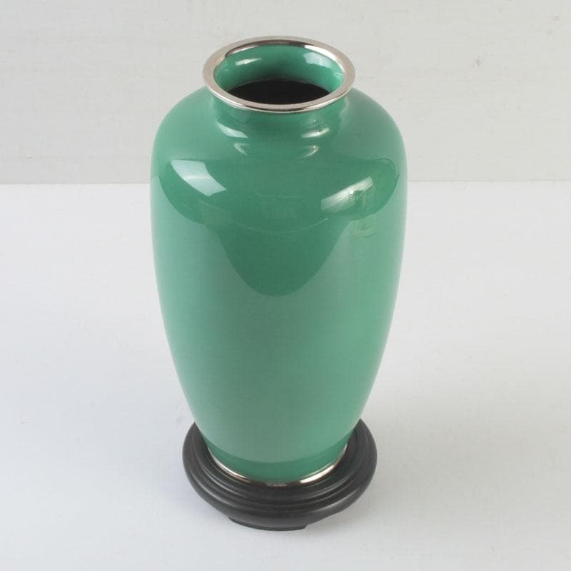 七宝焼　安井幸晴作　牡丹文　花瓶　唐木台付　共箱　V　9556