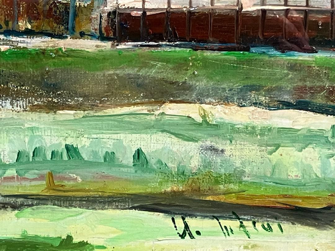 桝井良論「奈良風景」 8号 油彩 油絵 絵画 風景画 日本家屋 木製額縁　厚塗り