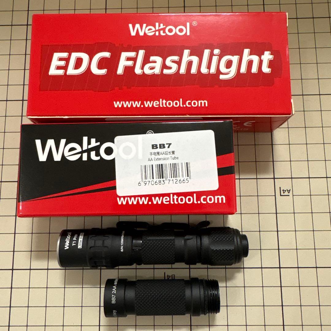 weltool T1Pro V2 BKと電池追加オプションセット Weltool T1 Pro V2 6,500K 550lm, 306m・HA-サンドブラストEDC ライト